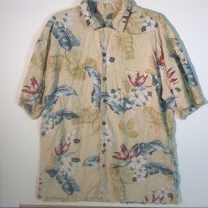 Island Shores Sz XL Extra Large 100% Silk Hawaiian Shirt Tan Floral Button *WEAR